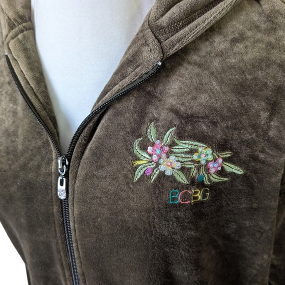 BCBG Y2K Green Velour Jacket 1X Sequin Peacock Design Zip Up Hoodie Sweater - Picture 5 of 8
